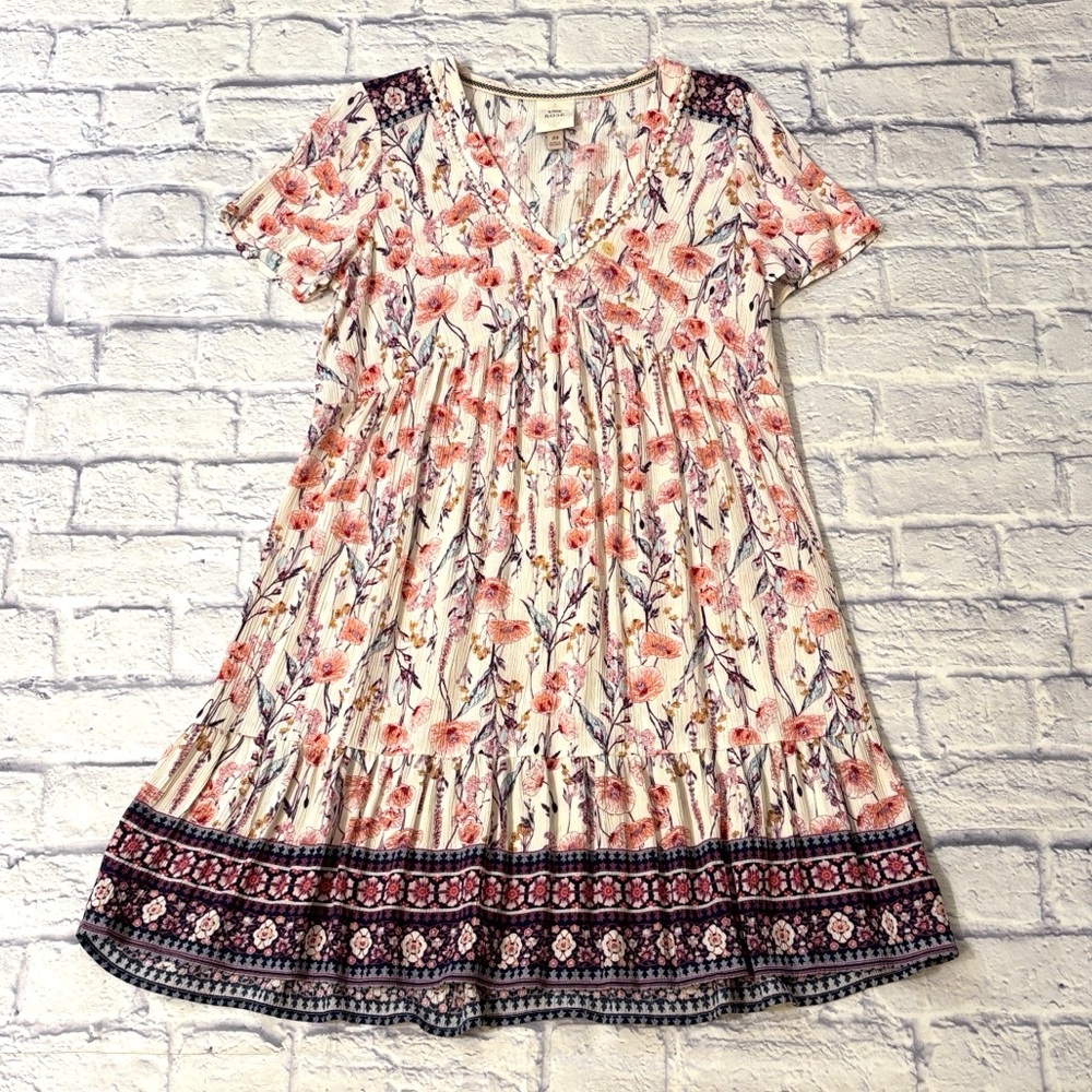 Knox Rose Floral Boho Peasant Dress Short Sleeves Pink Cream Purple Size XS